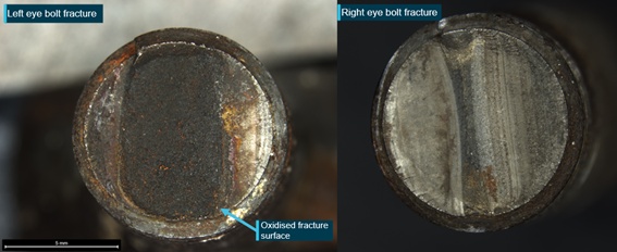 Figure A5: Eye bolt fracture surfaces showing the difference in the level of corrosion between the left and right eye bolt