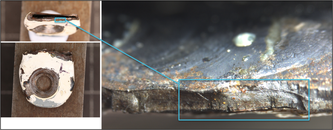 Figure A6: Optical examination of the roll brace from the left cabane strut showed indications of pre-existing fatigue in the welded region