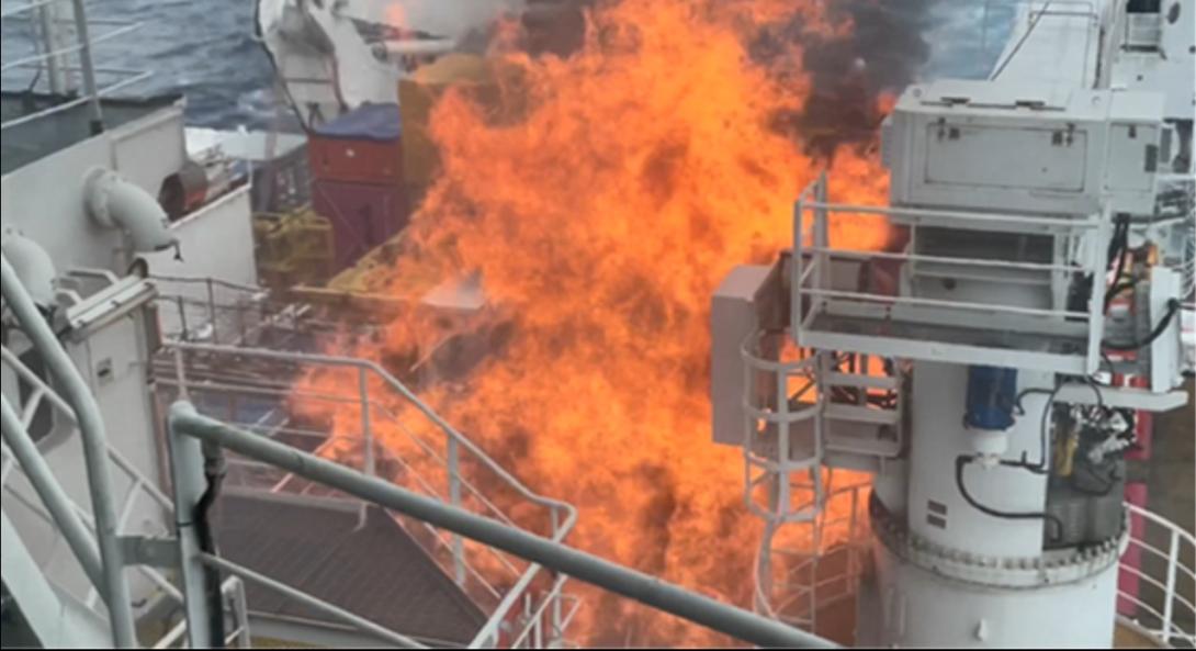 Flames from the port engine room exhaust ventilation casing