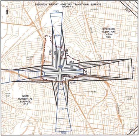 Figure 25: Essendon Fields Airport OLS diagram with transitional surfaces, October 2003 (see also Figure 10)