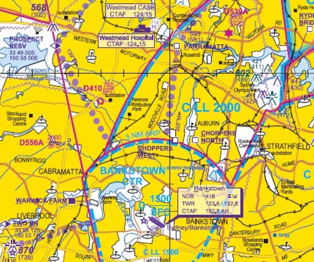 Figure 1: Sydney VTC extract showing Prospect Reservoir in top left corner and Bankstown Aerodrome in lower middle of image.