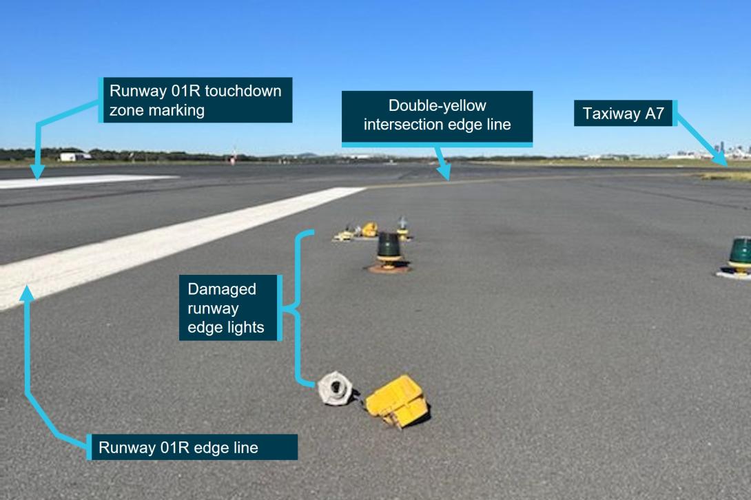Figure 1: Damage to runway lighting at intersection of taxiway A7 and runway 01R