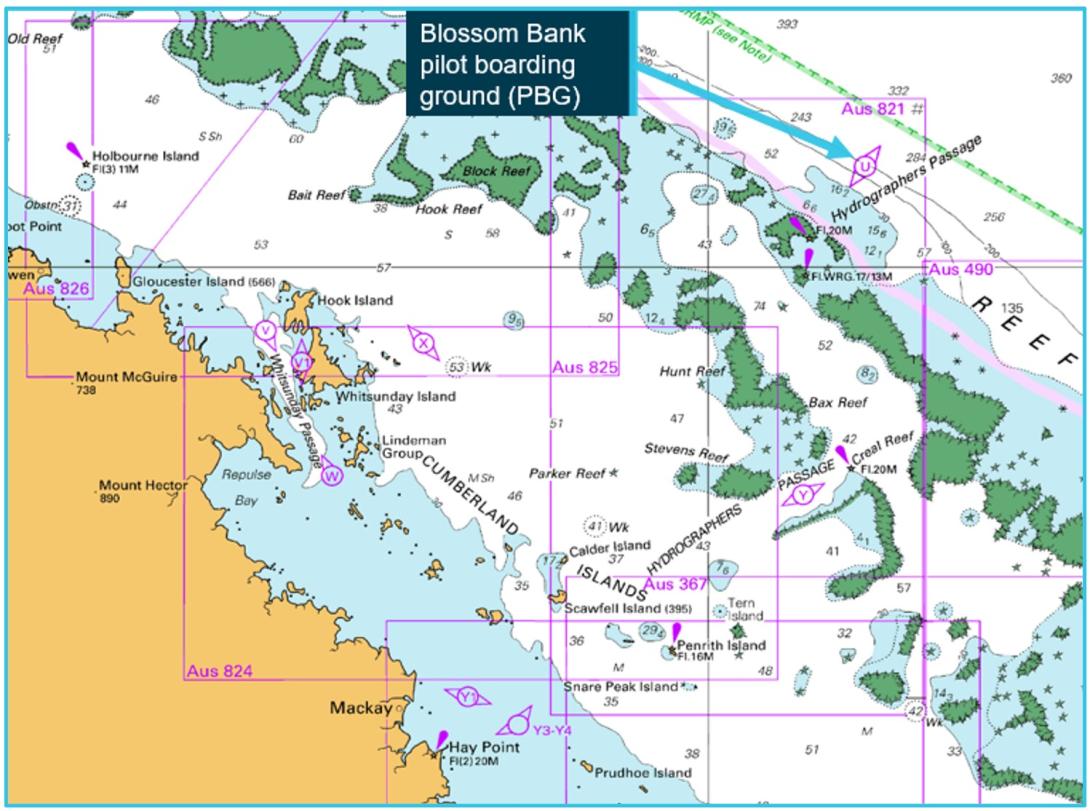 Figure 1: Navigational chart showing Blossom Bank pilot boarding ground