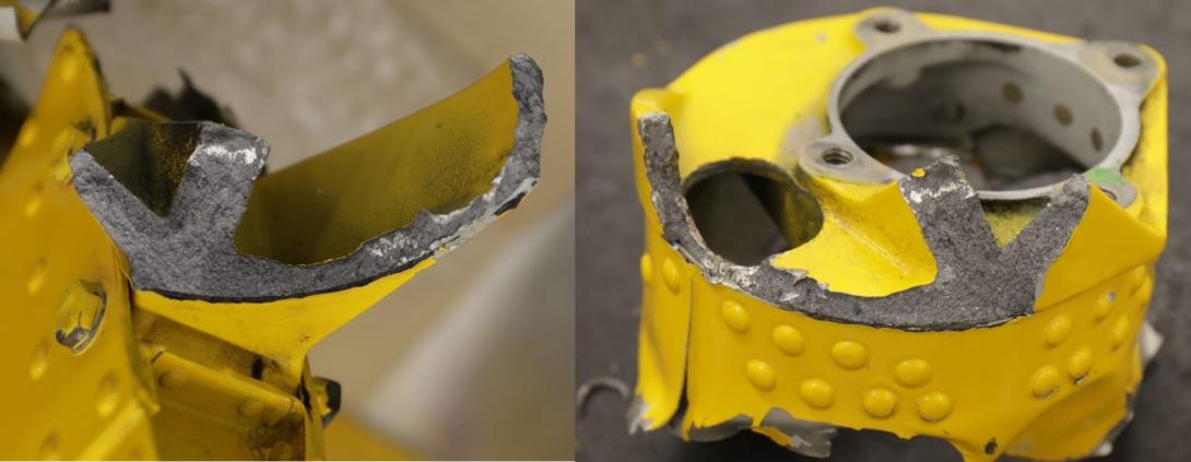 Figure 11: Aft tailcone casting fracture, empennage side (left) and tailcone side (right)