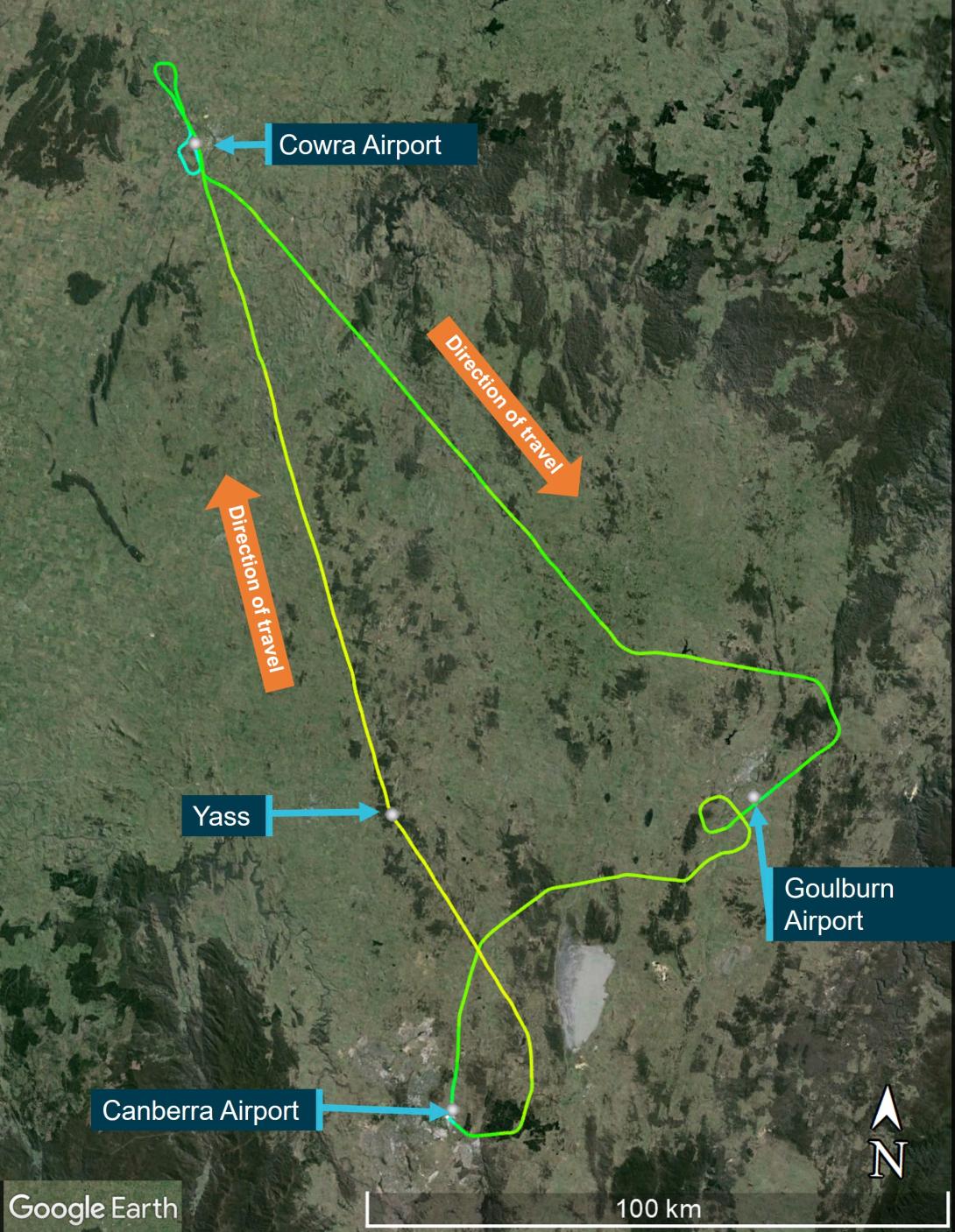 Figure 1: VH-OMD track from Cowra to Goulburn, Canberra and return via AVBEG