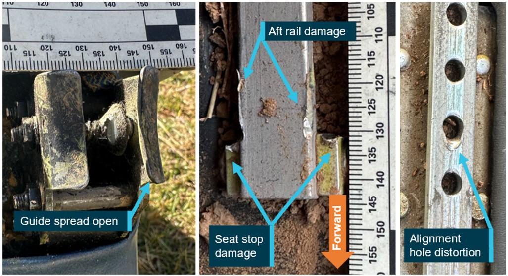 Figure 8: Spreading of one seat guide (left) and associated damage to the rails (right)