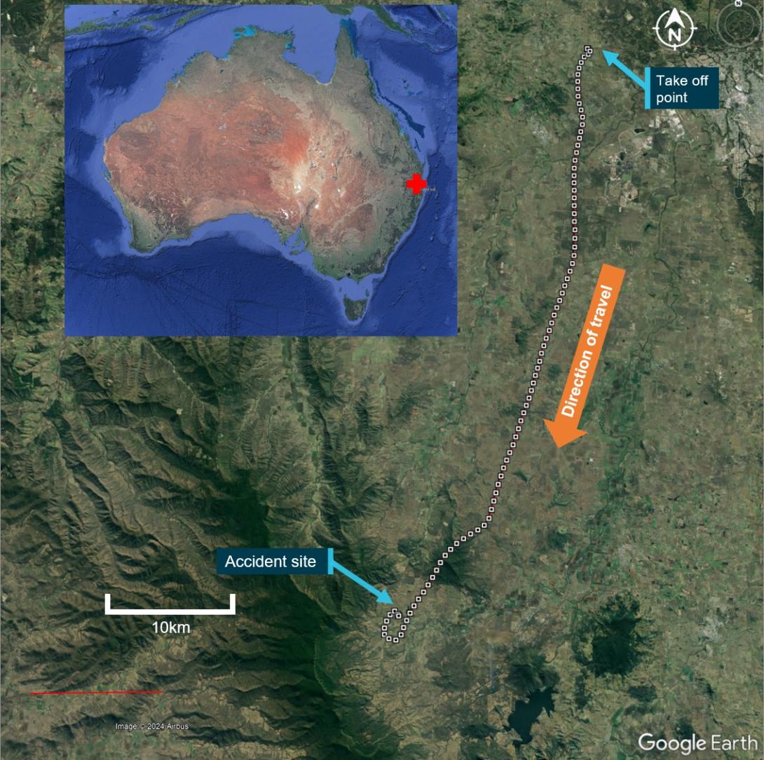 Figure 1: VH-EQW flight track from the take-off point to the accident site