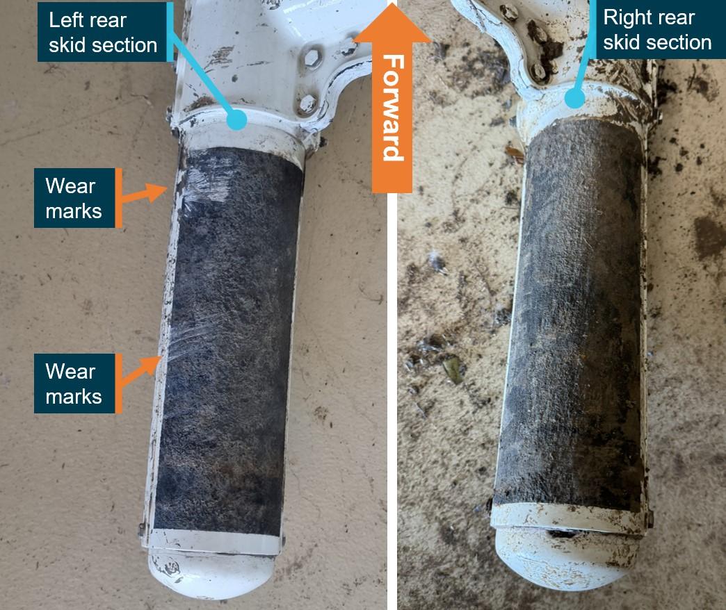 Figure 7: Rear of left and right skid sections with the left skid showing wear marks