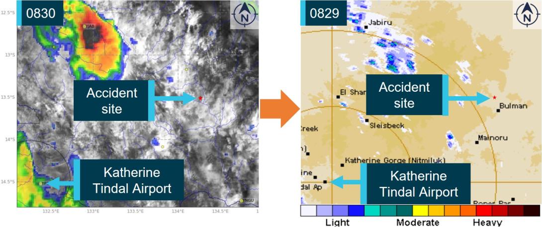 Figure 5: Broad area comparison of satellite/convective activity (left) and rain radar data (right) near to the accident site at 0830 on 24 December 2022