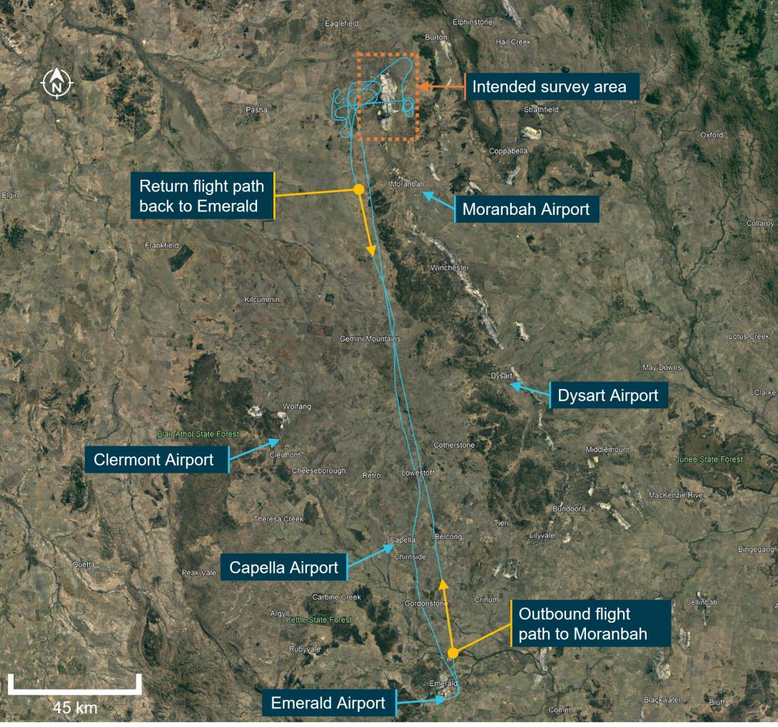 Figure 1: Survey area location and recorded flight path between Emerald and Moranbah