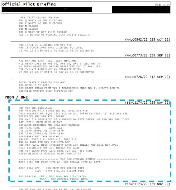 Figure 4: Page 5 of the NOTAM package, highlighting NOTAM YBBNC1174/22 and its associated FOE performance requirement