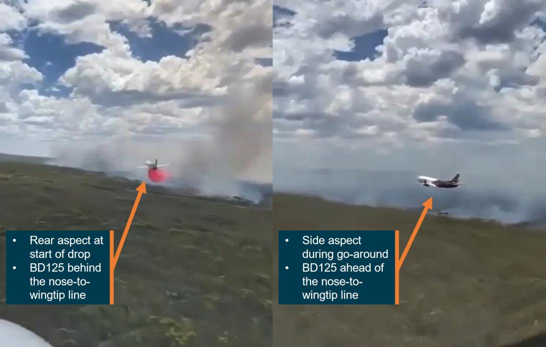 Figure 15: Aspect change of Bomber 139 from start of first drop (left) to go-around (right)