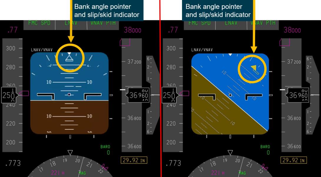 Figure 4: PFD with bank angle pointer and slip/skid indicator highlighted