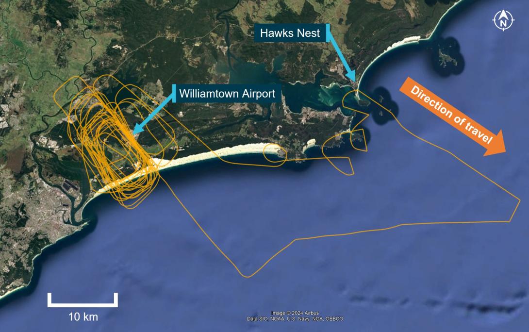 Figure 2: VH-XDV completed numerous circuits at Williamtown before transiting to Hawks Nest, then returning to Williamtown