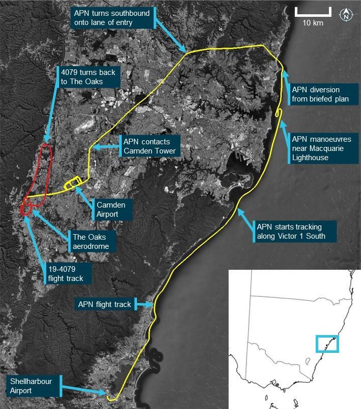Figure 1: Flight paths of VH-APN, 19-4079 and accident location