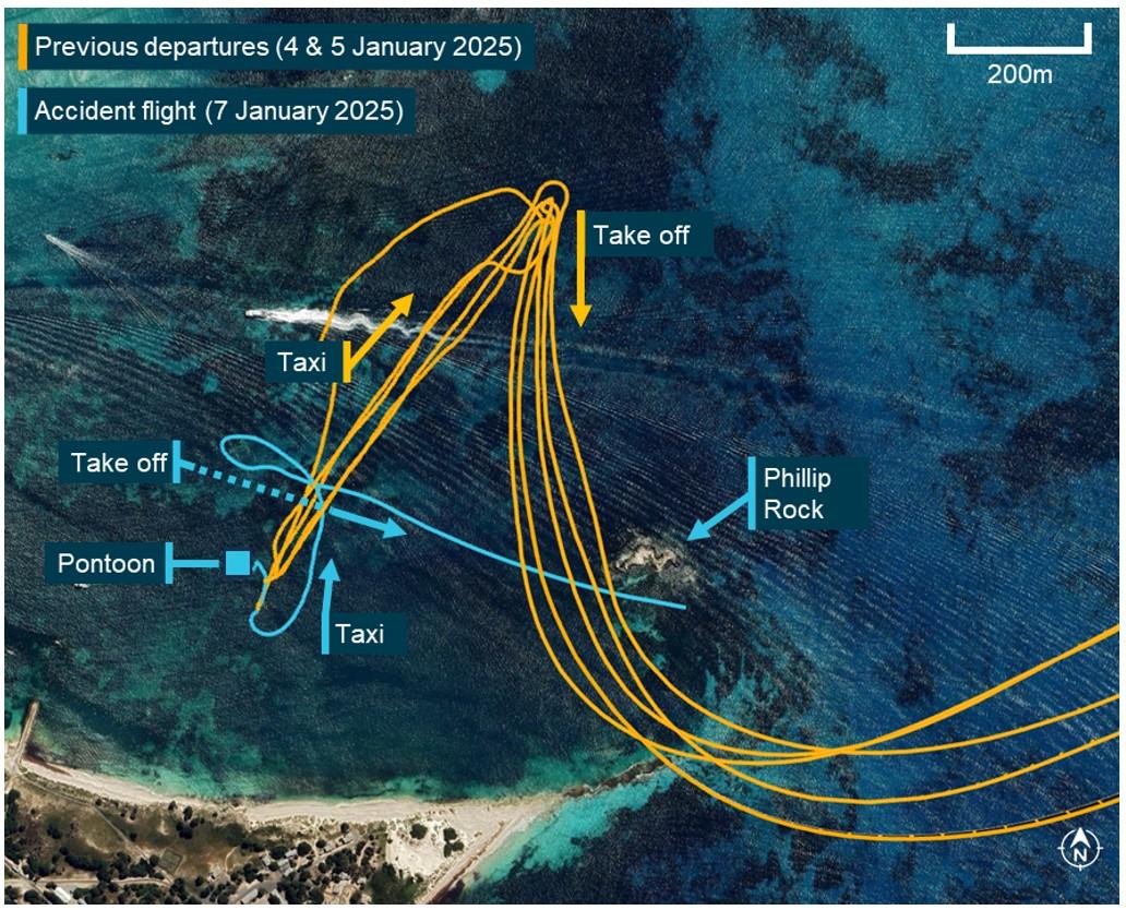 Figure 5: Recorded departure tracks for VH-WTY within Thomson Bay displaying the difference between the accident flight and the previous flights