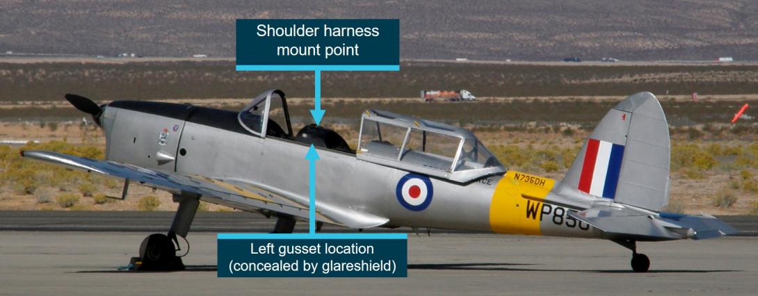 Figure 5: DHC-1 Chipmunk cockpit showing gusset and shoulder harness locations (exemplar aircraft)