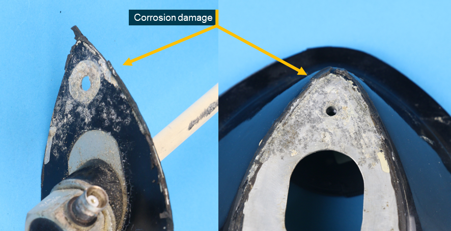 Figure A3: Corrosion damage to the fix hole surfaces surrounding where the antenna mounting plate (left) was attached to the blister panel (right)