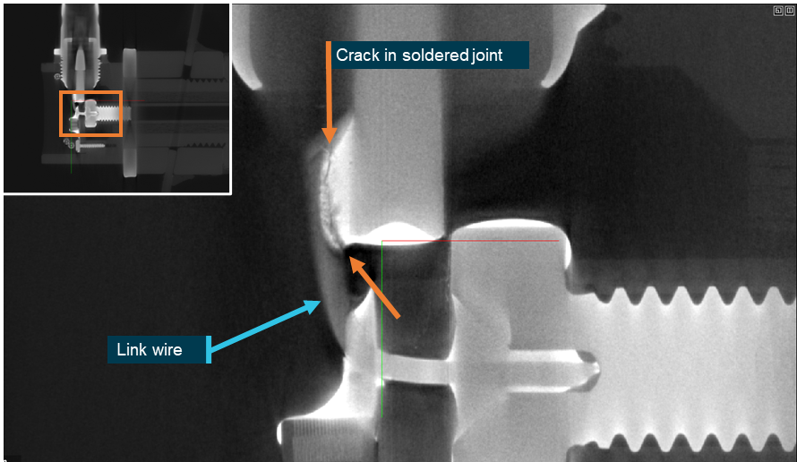 Figure A4: Micro-CT of the antenna base (inset) showing a crack in the soldered joint to the link wire (main)