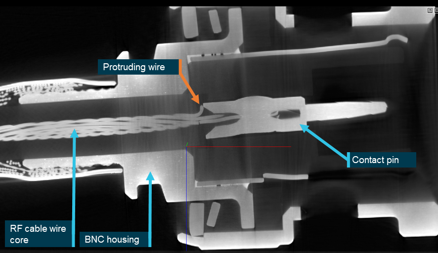 Figure A5: Micro-CT of the helicopter’s RF cable BNC connector: a protruding wire was identified from the crimped region of the central contact pin