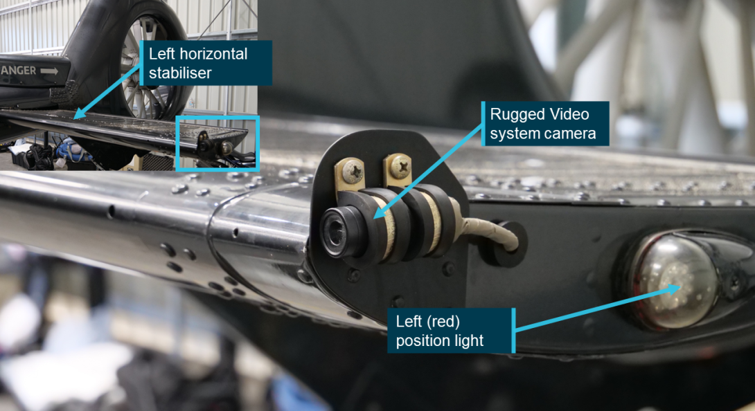 Figure 3: XH9 left horizontal stabiliser, Rugged Video system camera and left position light
