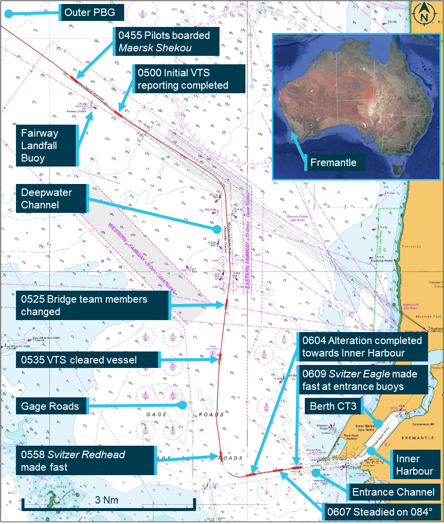 Figure 1: Section of navigational chart Aus112 showing Maersk Shekou's inbound track