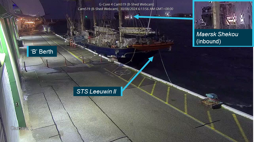 Figure 3: CCTV footage of STS Leeuwin II at its mooring with Maersk Shekou inbound