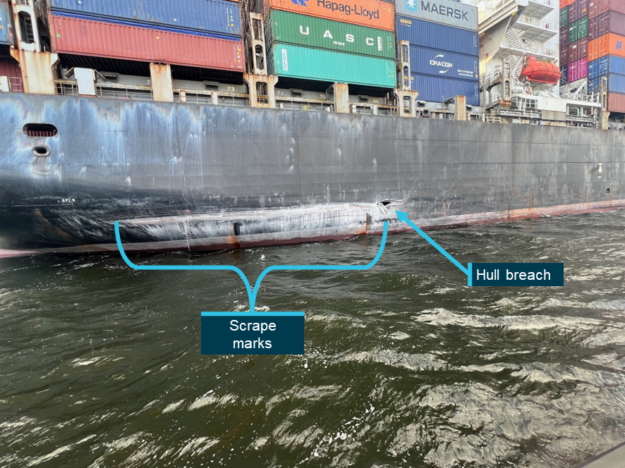Figure 6: Contact damage to Maersk Shekou’s hull