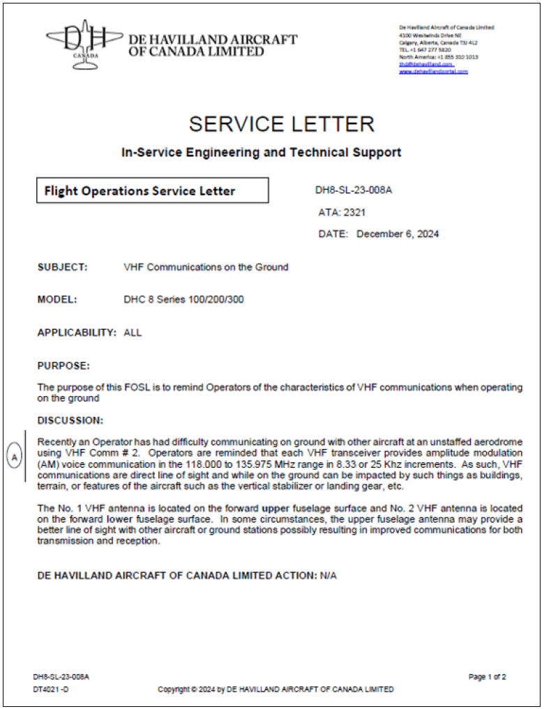 Appendix D – Flight Operations Service Letters