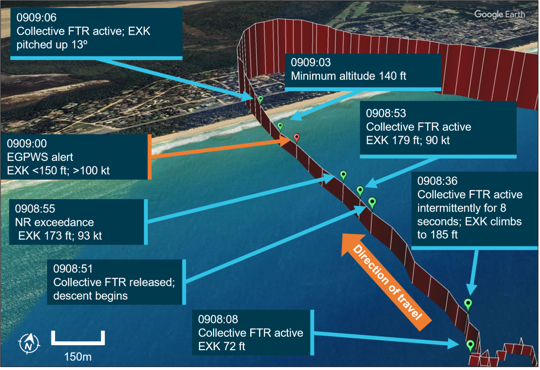 Figure 2: EXK flight track and enhanced ground proximity warning system alert