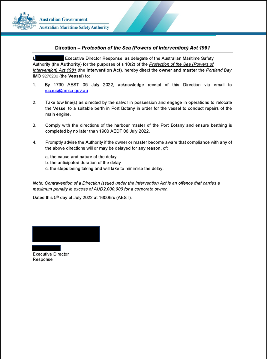 Appendix E – Direction for Portland Bay