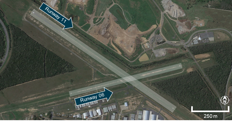 Aerial view of Caboolture Airfield highlighting runway 11 and runway 06