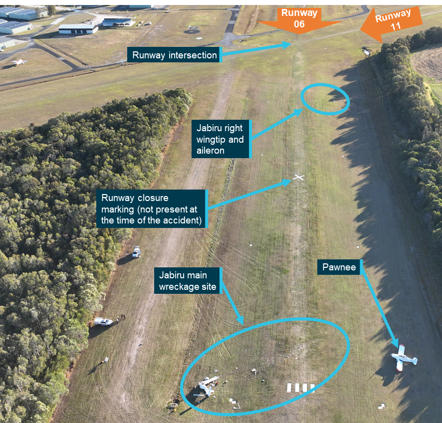 Aerial photograph of the runway intersection and threshold of runway 24. Wreckage from the Jabiru is highlighted near the intersection and at the main wreckage site.