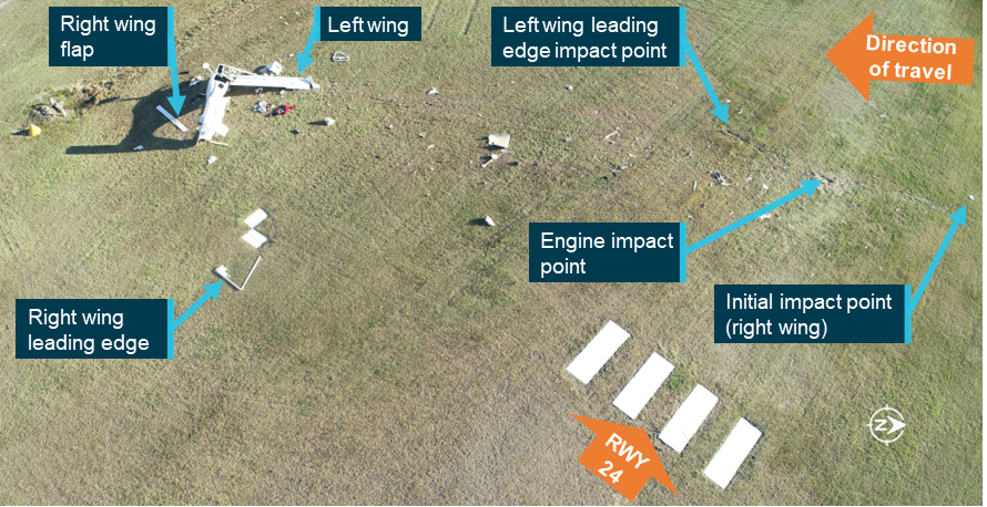 Aerial photograph showing the main wreckage site. The Jabiru is lying on its side at the end of a wreckage trail that begins in front of the runway 24 threshold markings.