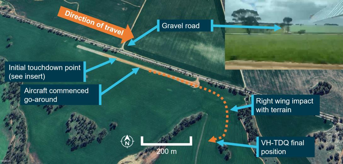 Airfield and flight path from the go-around of VH-TDQ. Insert within the images is a still capture of video showing the aircraft landing abeam the nearby gravel road.