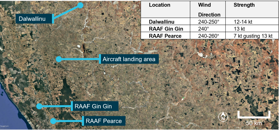 Google Earth image marking the nearest weather reporting stations to the ALA. Insert table shows locations recorded wind from the south-west between 7 and 14 kt.
