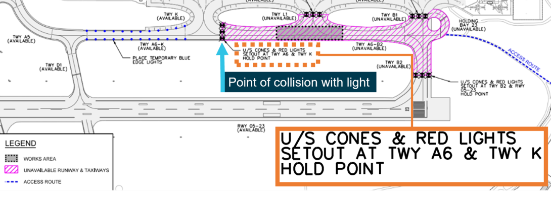 An image of the Adelaide Airport taken from the Method of Working plan. The ATSB has highlighted a section stating: "U/S cones & red lights setout at TWY A6 & TWY K hold point.