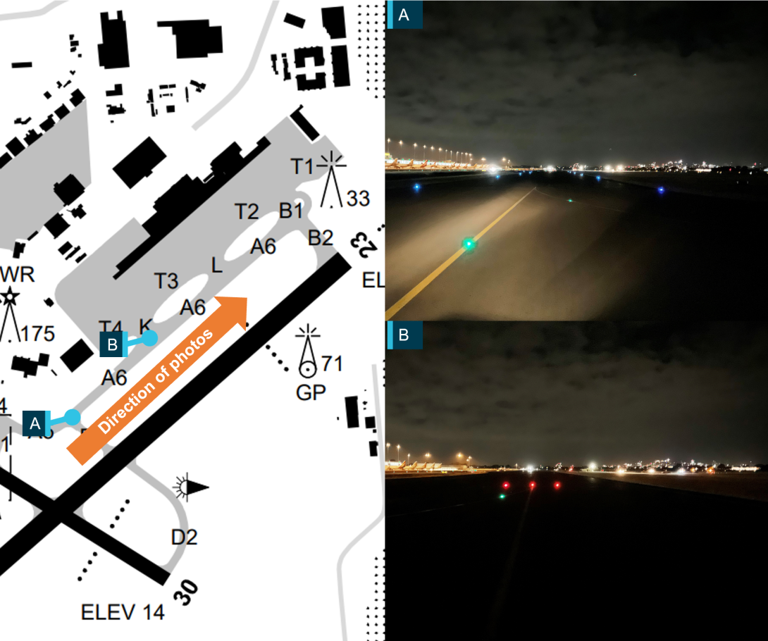The image shows the 2 locations on the airport approaching A6 north of K. This first image shows the difficulty of spotting the 3 red lights against the works lights from a distance. The second image shows the 3 red lights at short distance