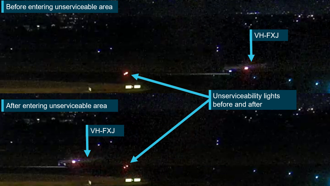 A still taken from a video recording. The video still shows an aircraft entering the unserviceable taxiway and extinguishing the centre light.