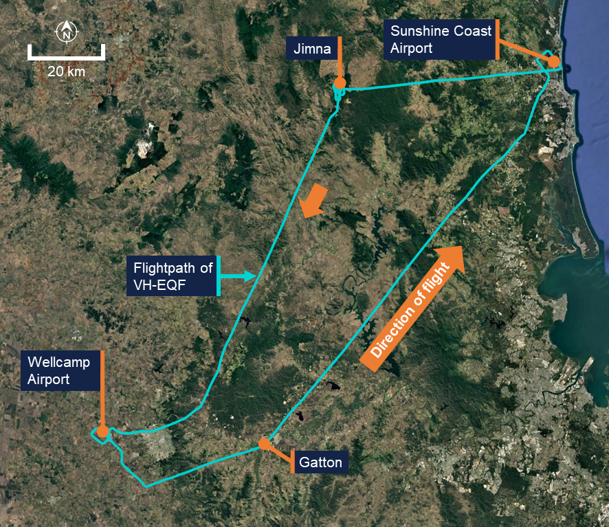 A satellite image of the area of the flight overlaid with the recorded flightpath. The turning points for the flight are annotated.