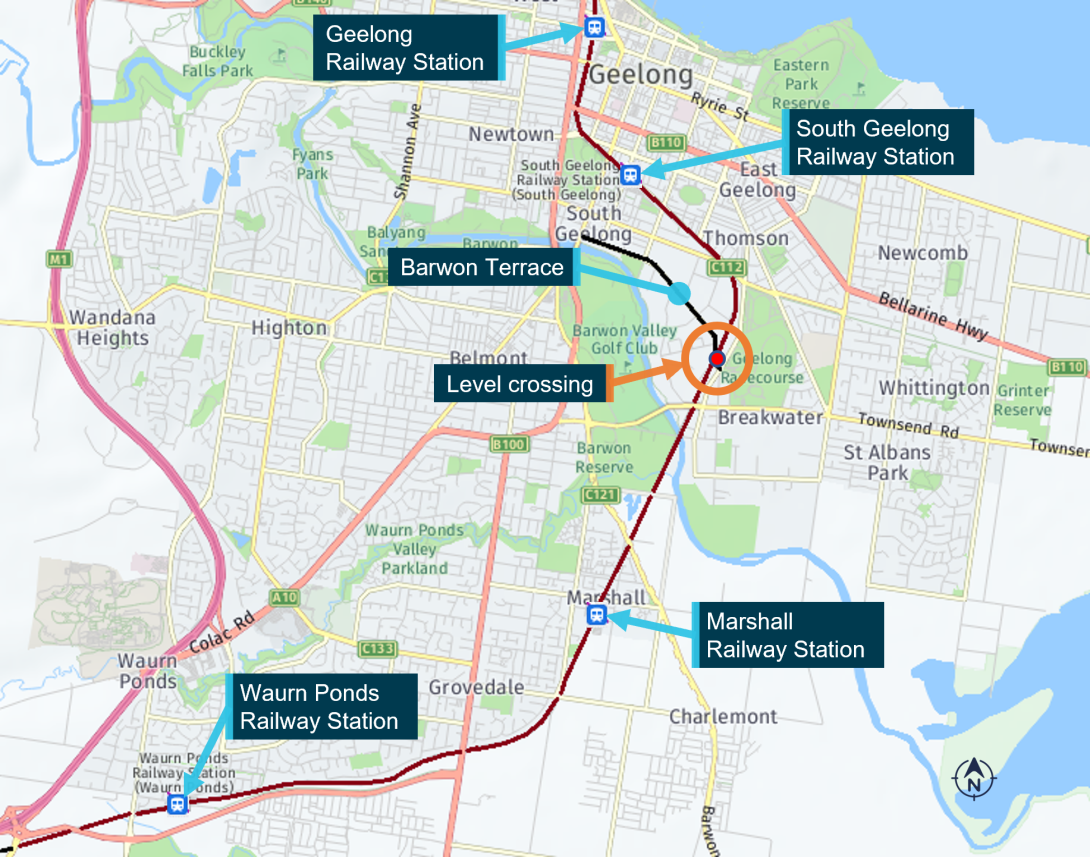 Figure 1: Train route and location of Barwon Terrace level crossing