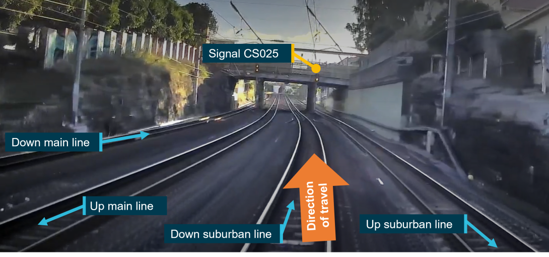 Approach to signal CS025 along down suburban line towards Bowen Hills Station