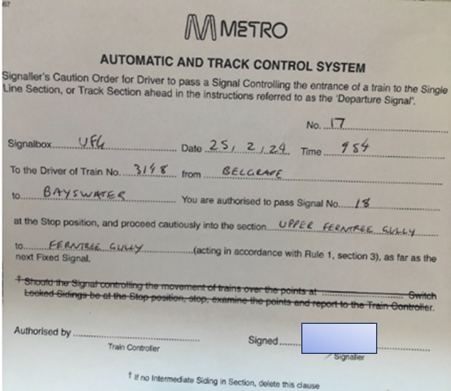 Figure 14: Caution order provided to the driver of train 3148