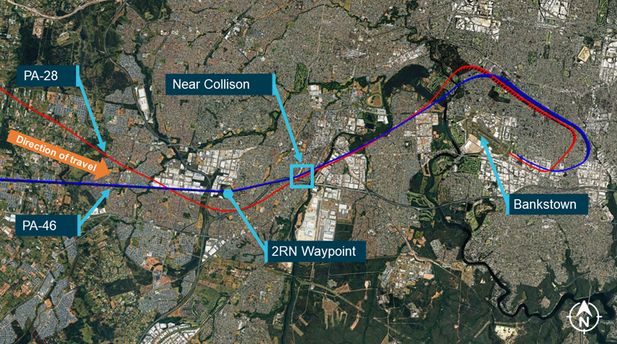Google Earth image depicting the flight paths of the two aircraft and highlighting the location of the near collision.