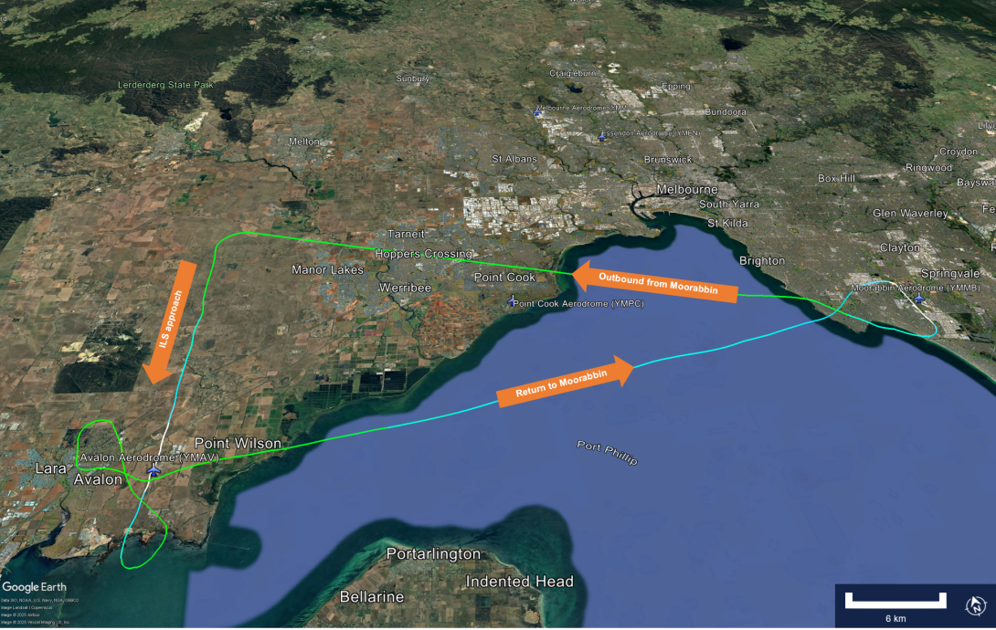 This image shows the aircraft's flight path including the return to Moorabbin Airport.