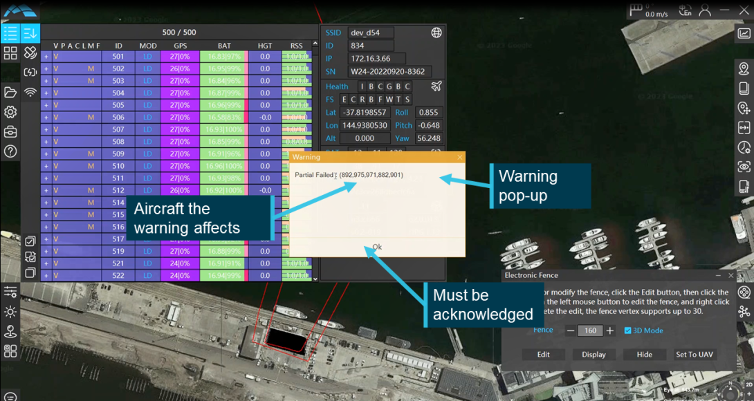 Figure 9: GCS screenshot showing a multi-aircraft warning pop‑up