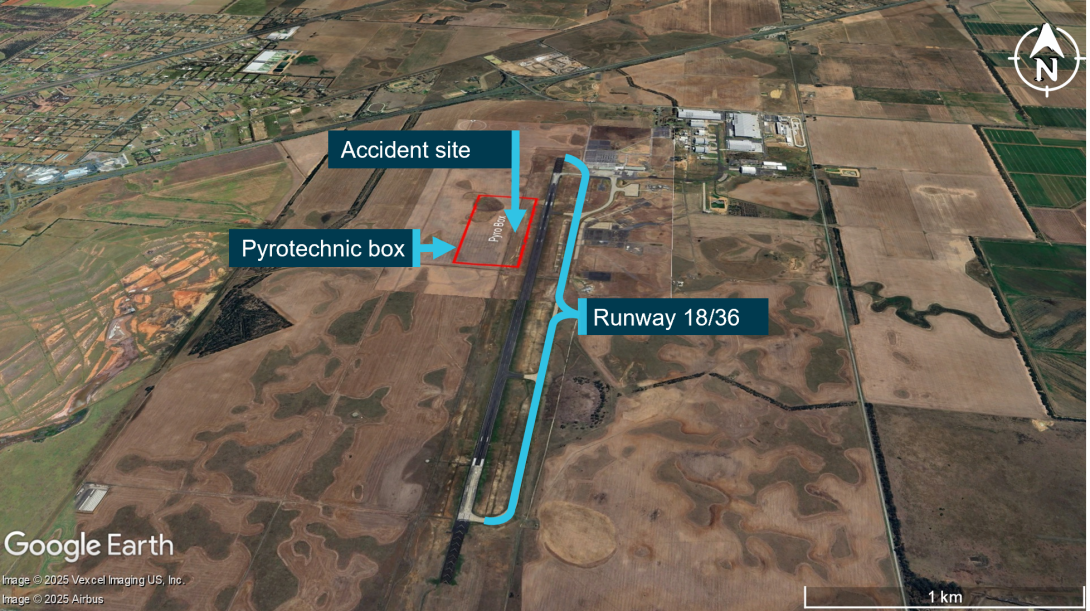 A Google Earth image of Avalon airport. The image is annotated by the ATSB to show where the pyrotechnic box is and where the accident site was located.