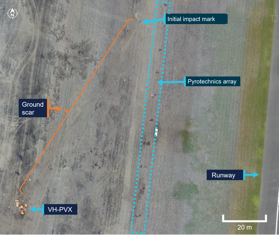 Accident site overview showing the impact mark and pyrotechnics. The image is a top down view of the accident site.