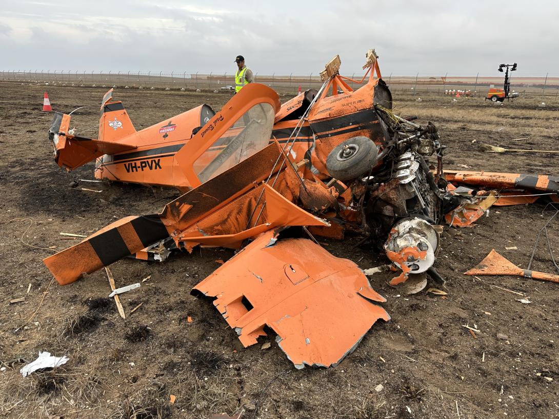 VH-PVX post accident. The image shows the damage to the aircraft which was a result of the accident.