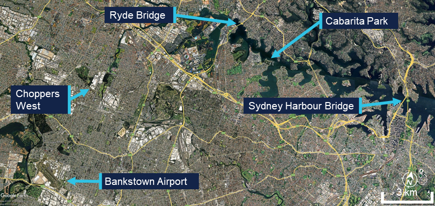 A satellite image overlaid with the relevant landmarks to the incident.